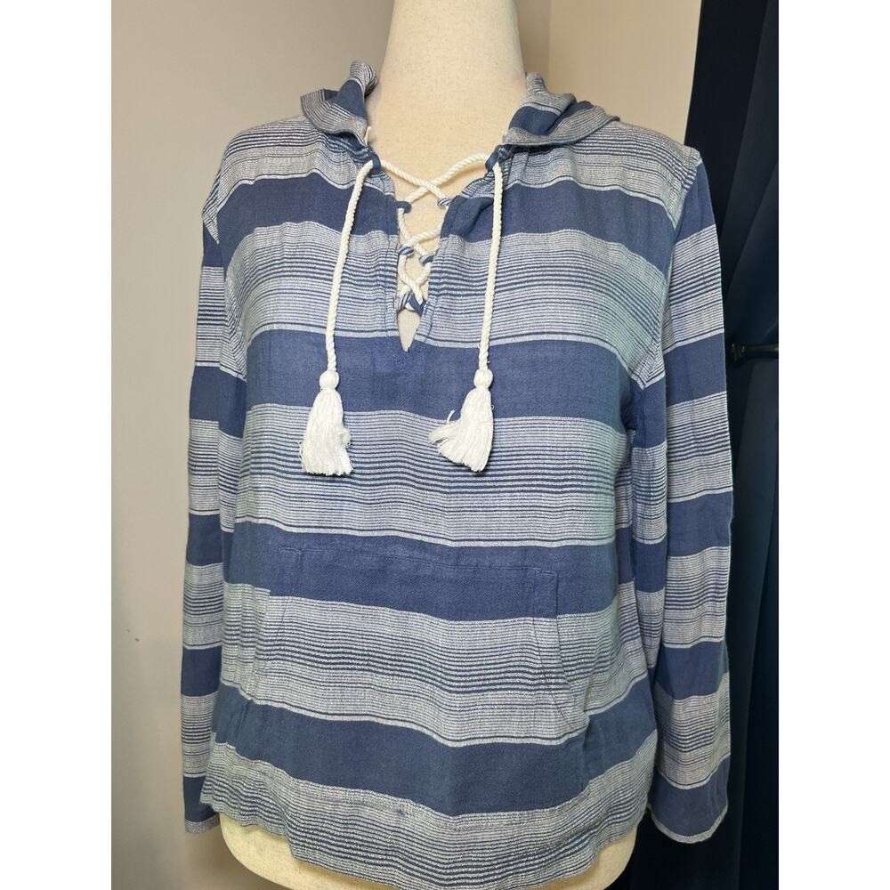 ROXY (M) Head on Over Poncho Hoodie Pullover Beach Blue White Lounge Surfer Boho